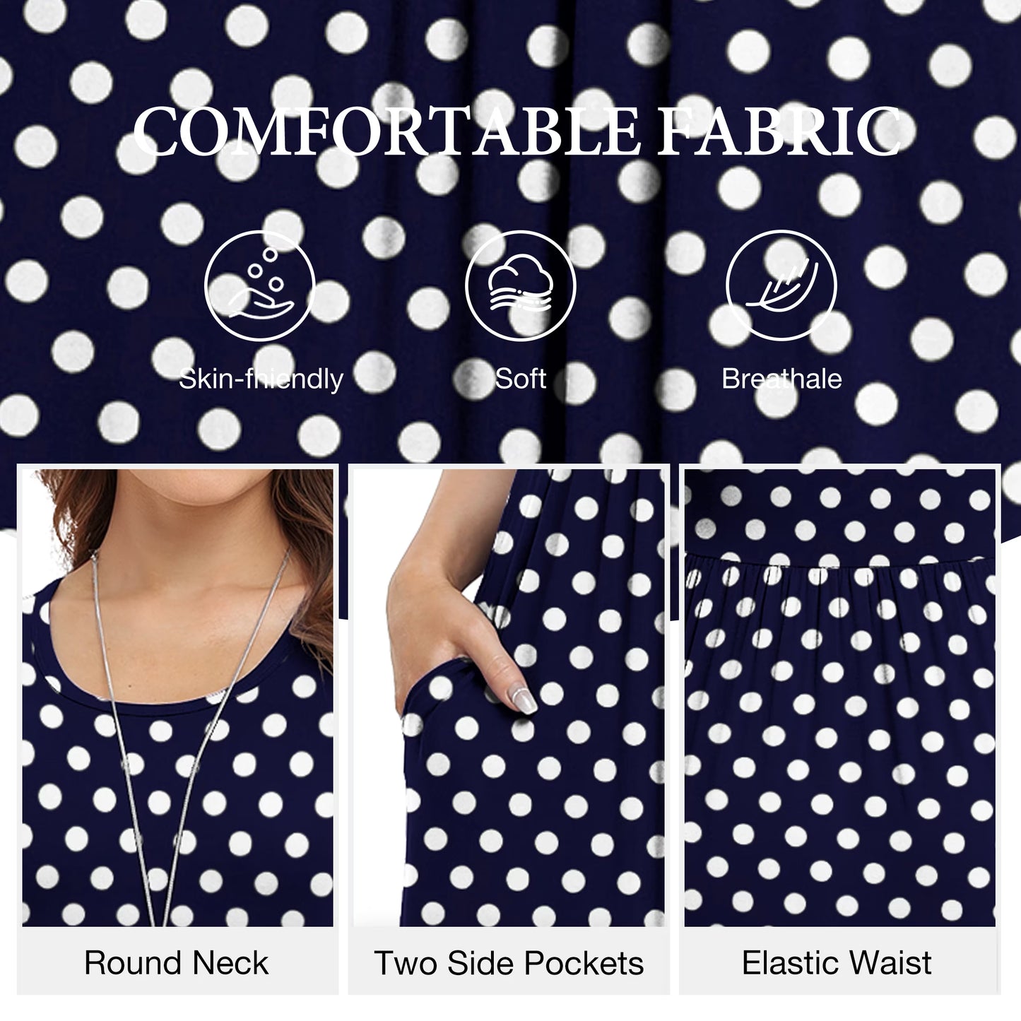 Women'S Short Sleeve Loose Plain Maxi Dresses Casual Long Dresses with Pockets,Mother'S Day,F Navy Blue Dot,L