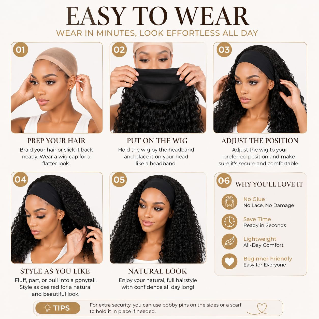 New Headband Wigs for Black Women Wet and Wavy Headband Wig Curly Wave Synthetic Wigs Glueless Heat Resistant Long Wigs for Daily Party Use (24 Inches)