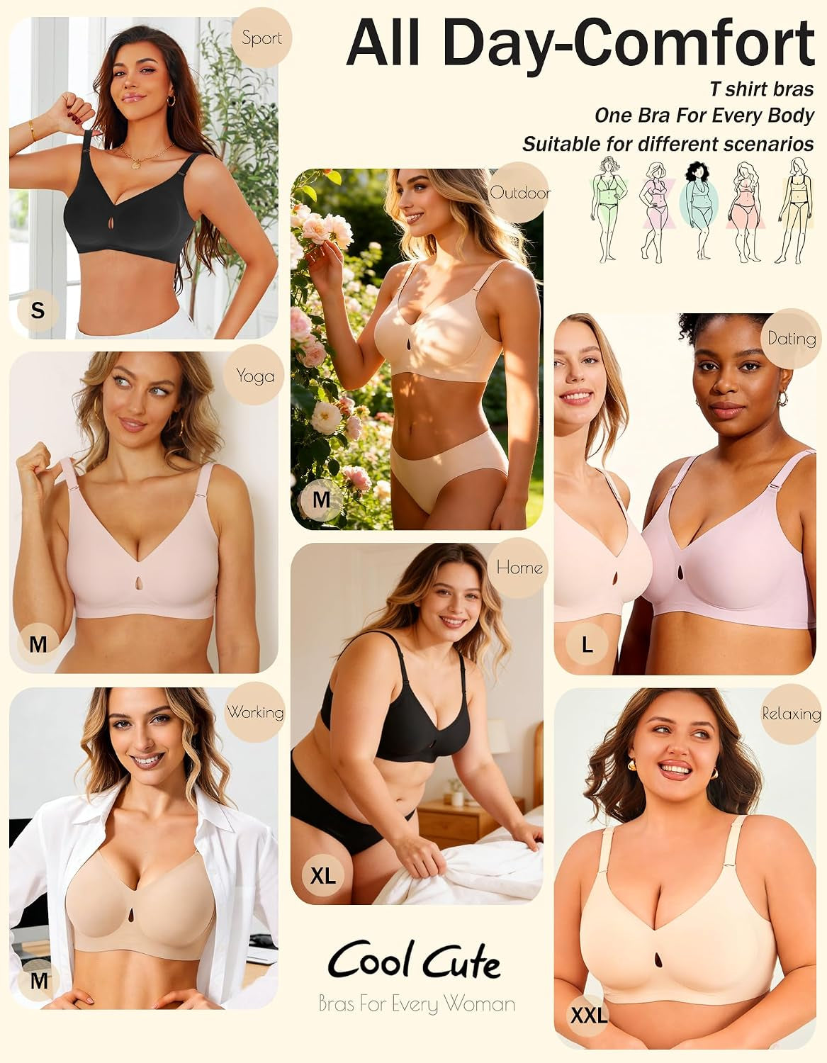 Sexy Jelly Push up Wireless Bras for Women Everyday No Underwire Bralettes | Seamless Gel V Neck T Shirt Full Coverage Minimizer Bras,Buttery Soft Comfort,No Rolling Riding Up,Support Lift All-Day Wear