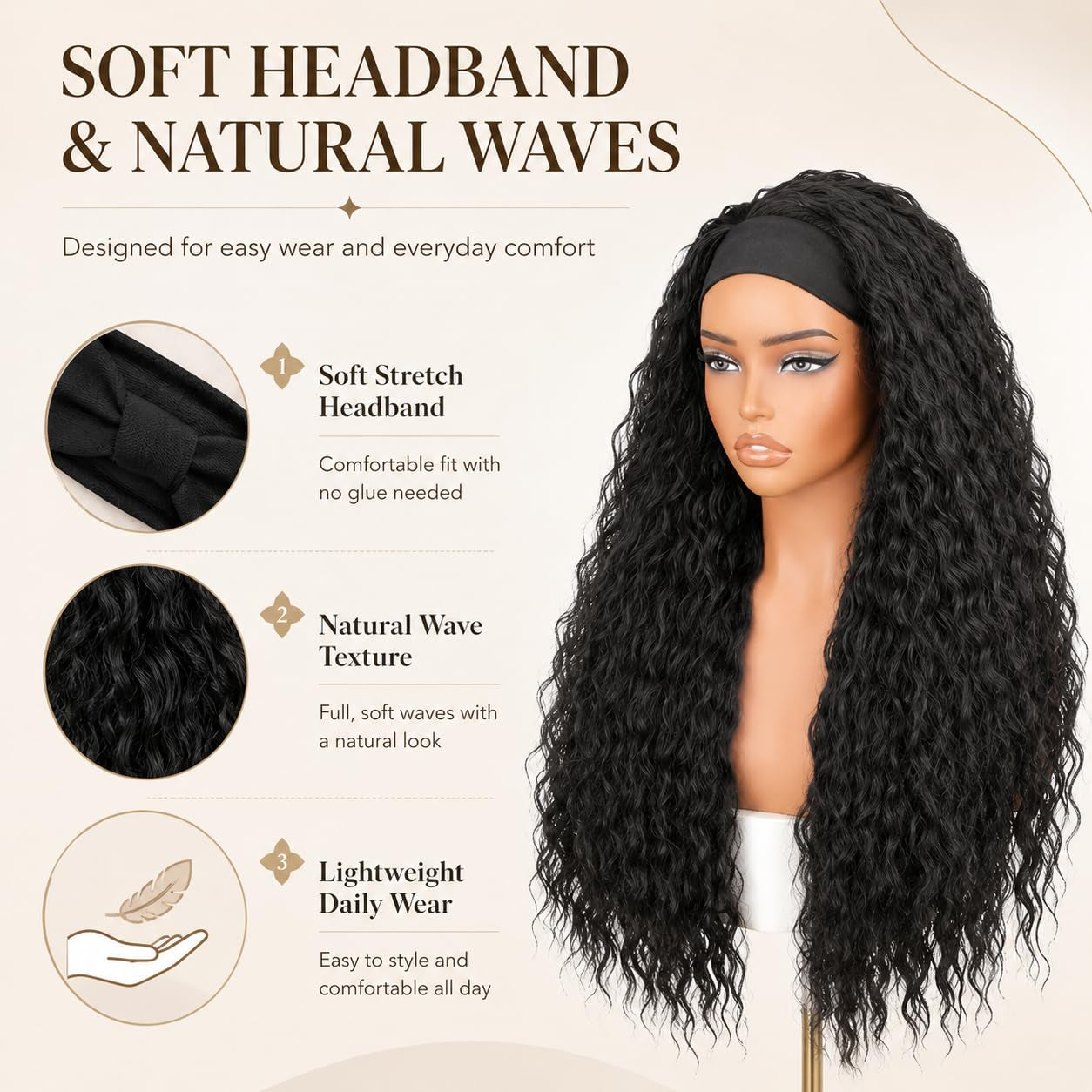 New Headband Wigs for Black Women Wet and Wavy Headband Wig Curly Wave Synthetic Wigs Glueless Heat Resistant Long Wigs for Daily Party Use (24 Inches)