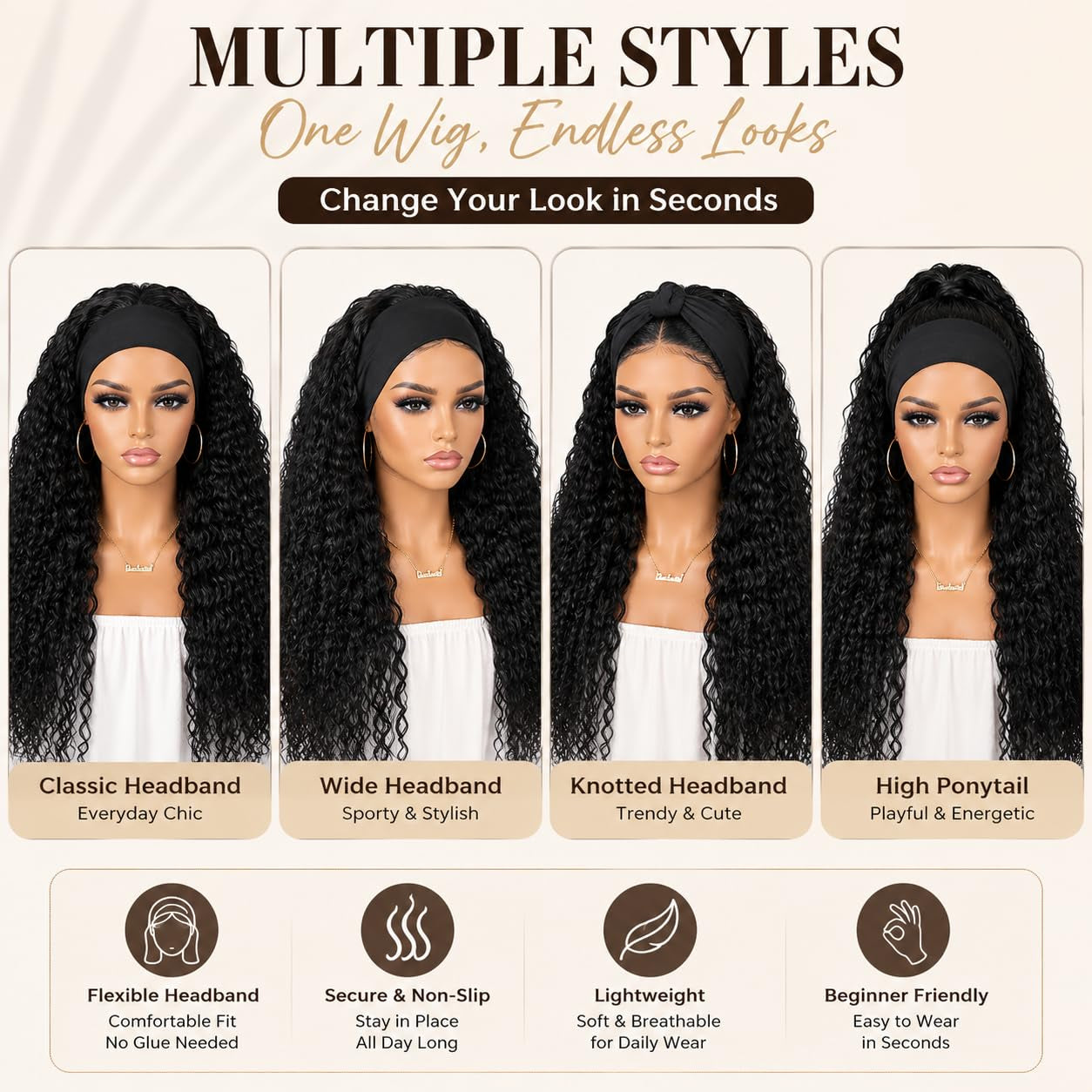 New Headband Wigs for Black Women Wet and Wavy Headband Wig Curly Wave Synthetic Wigs Glueless Heat Resistant Long Wigs for Daily Party Use (24 Inches)