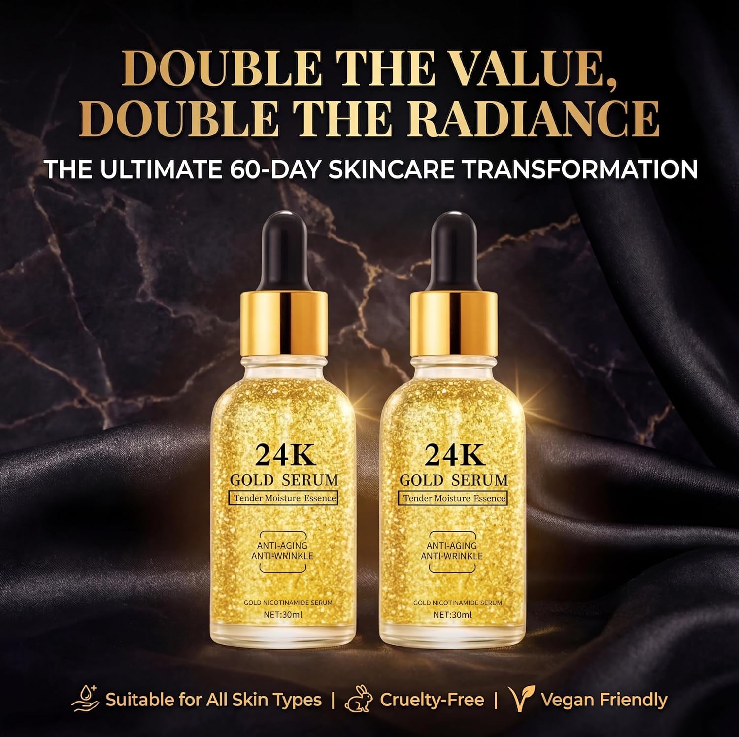 24K Gold Serum for Face, 2-Pack Anti-Aging Moisturizer with Vitamins, Collagen Booster Serum & Hyaluronic Acid for Fine Lines & Firming, 2.02 Fl Oz