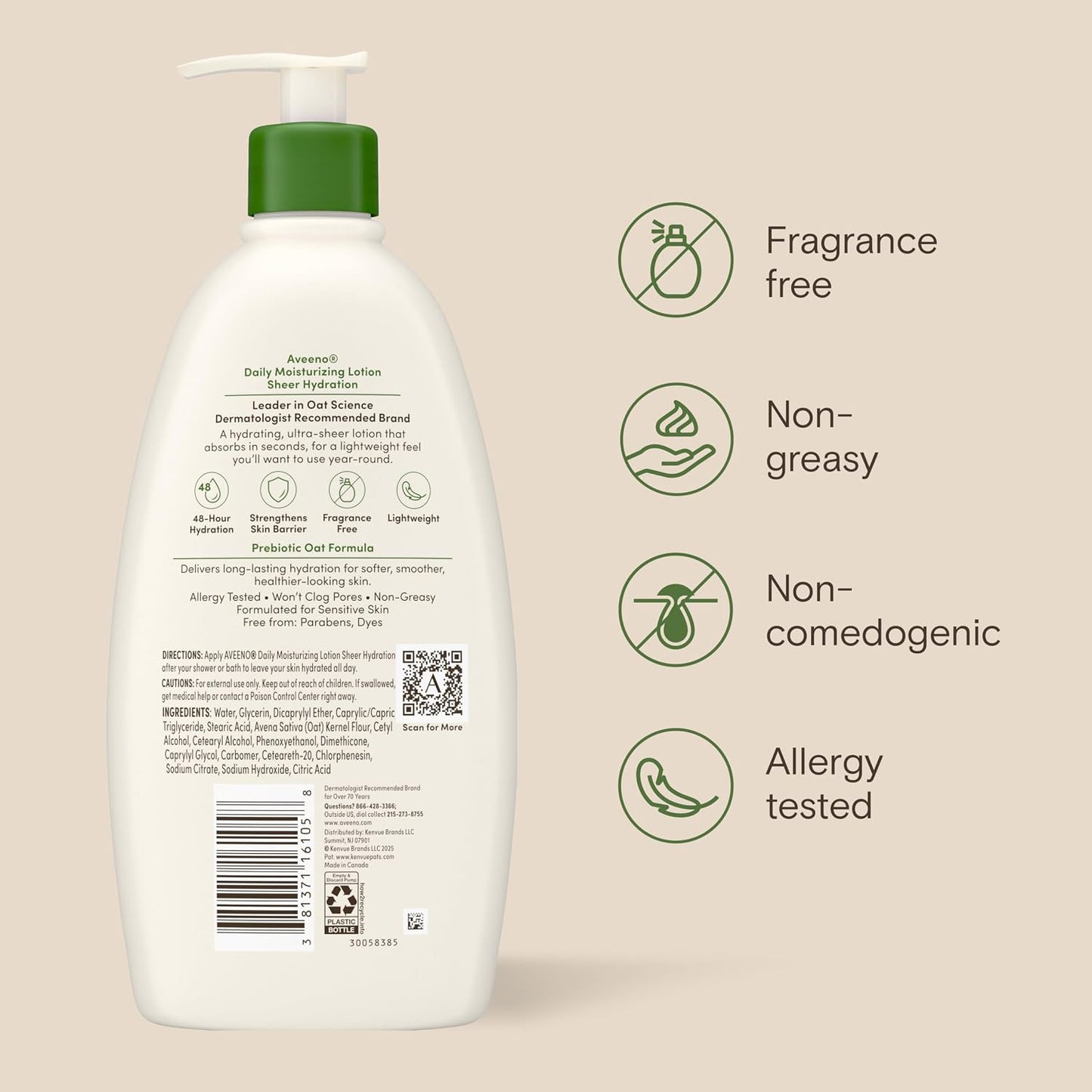 Aveeno Daily Moisturizing Body Lotion for Normal to Dry Skin, Moisturizer with Soothing Prebiotic Oat, Non Greasy, Non Comedogenic, Fragrance Free Body Lotion for Women & Men, 18 Fl Oz