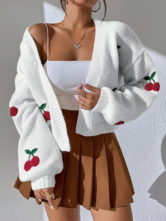 Fashionable Low Shoulder Cherry Embroidery Pattern Cardigan Commuter Sweater Women'S Loose Jacket Knitted Sweater