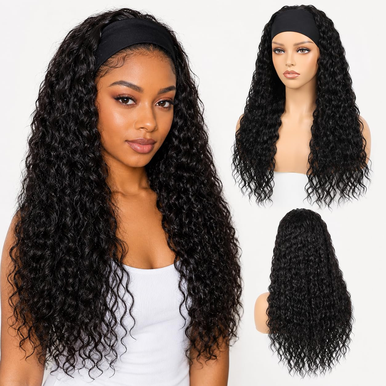 New Headband Wigs for Black Women Wet and Wavy Headband Wig Curly Wave Synthetic Wigs Glueless Heat Resistant Long Wigs for Daily Party Use (24 Inches)