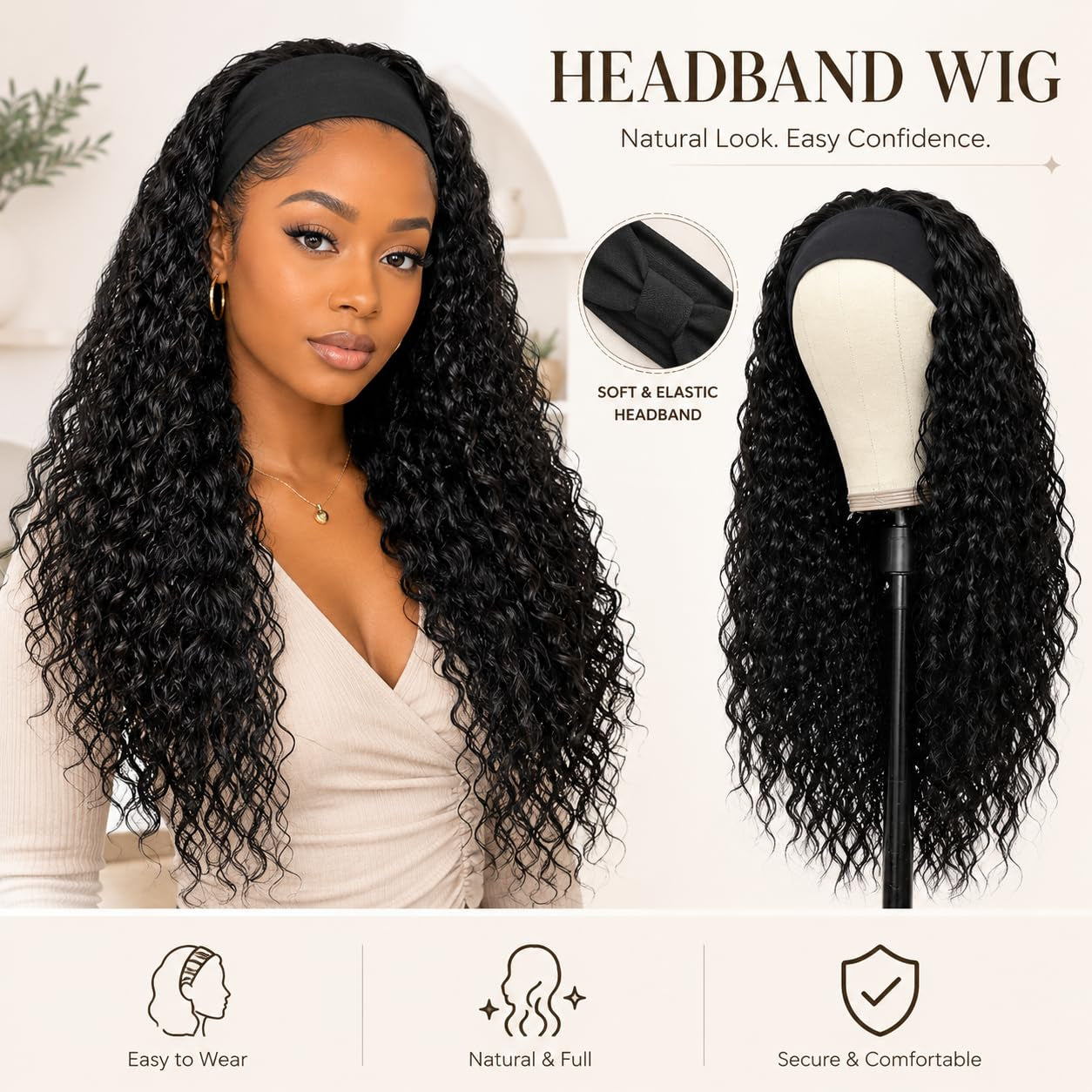 New Headband Wigs for Black Women Wet and Wavy Headband Wig Curly Wave Synthetic Wigs Glueless Heat Resistant Long Wigs for Daily Party Use (24 Inches)