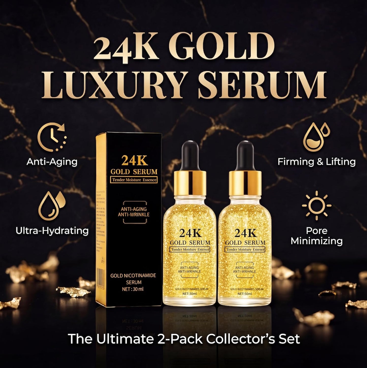 24K Gold Serum for Face, 2-Pack Anti-Aging Moisturizer with Vitamins, Collagen Booster Serum & Hyaluronic Acid for Fine Lines & Firming, 2.02 Fl Oz